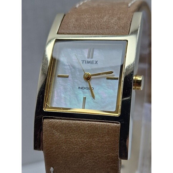 Timex Indiglo Womens Tank Cuff Watch MOP Dial Gold Tone Quartz New Battery Tan main image 4